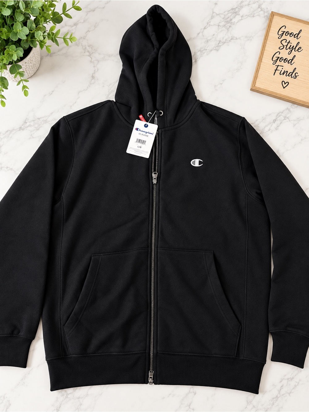 Champion Black Full-Zip Hooded Jacket with Small Logo